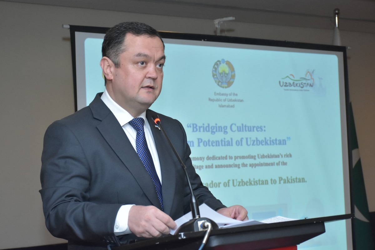 “Ambassador of Uzbekistan to Pakistan, Alisher Tukhtaev, addressing the ceremony ‘Bridging Cultures: Tourism Potential of Uzbekistan’ in Islamabad, highlighting new travel and cultural initiatives between Pakistan and Uzbekistan.”