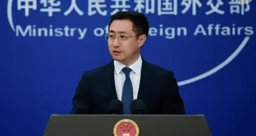 Chinese Foreign Ministry spokesperson Lin Jian addressing a press briefing in Beijing, expressing China’s concern over Pakistan-Afghanistan border tensions and urging dialogue for regional peace and stability.