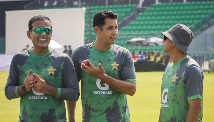 “Pakistan and South Africa captains Shan Masood and Aiden Markram unveil the ICC World Test Championship 2025–27 trophy at the National Cricket Academy in Lahore.” (Alternative if image shows match action or practice) “Pakistan players during a practice session at Gaddafi Stadium ahead of the first Test against South Africa.”