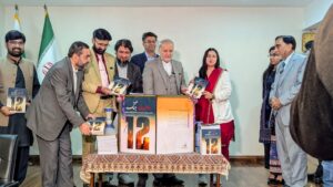 Iran’s Ambassador to Pakistan Reza Amiri Moghadam speaks during an interactive session at the Iranian Cultural Consulate, discussing regional narratives, Palestine, and Middle East tensions.